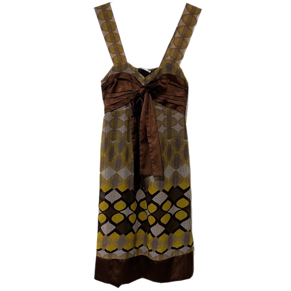 Xanaka yellow & brown dress, lined, silk & chiffon. 38 Fr. (USA size 8 Medium)